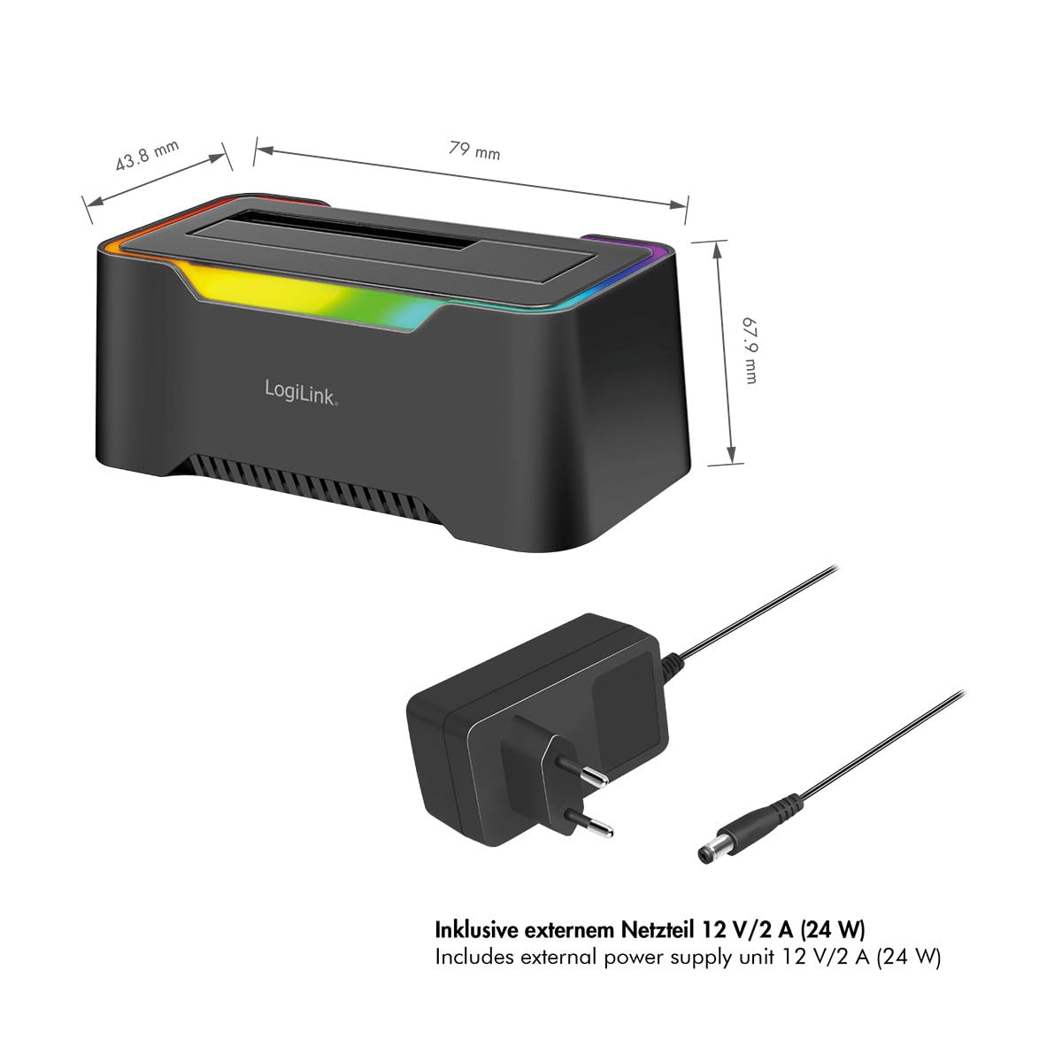 LogiLink Docking Station USB-C (3.2 Gen1) per HDD/SSD SATA da 2.5" e 3.5", con luce RGB, compatibile con Thunderbolt, Windows, Mac OS, Linux