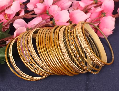 Touchstone Indian Metal Bangles for Women Gold Alloy Bracelets desi 2 Dozen Bangle Collection Bollywood Women's Jewelry Set Multi Stacking Wide Chunky Textured Golden Set of 24 in Gold or White Tone2