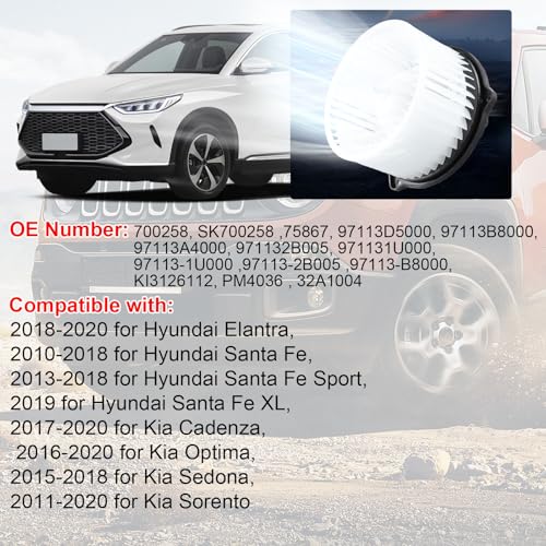 Image of AC Heater Blower Motor Fan 700258 Compatible with Hyundai Elantra | Santa Fe,Santa Fe Sport ,Santa Fe XL,for Kia Cadenza ,Optima ,Sedona ,Sorento,HVAC Blower Motor Assembly Replace PM4036 75867