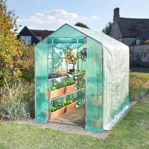 Image of Walk-In Greenhouse Gro-Zone Max with Steel Frame, Pitched Roof, PE Cover & 12 Shelves - Foldaway Garden Grow House, Germinate Seeds, Propagate Plants & Grow Exotic Fruit & Veg - H200 x W150 x D200cm