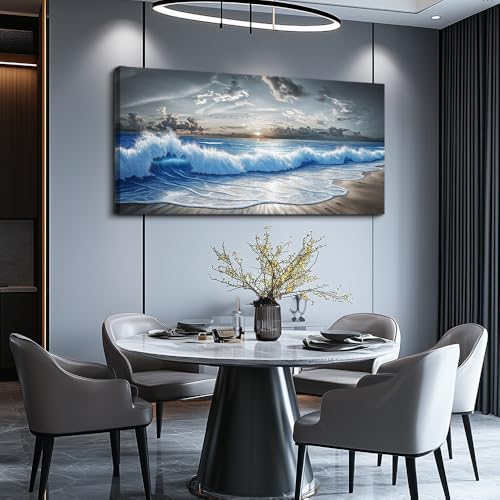 PHAOHUAXM Wall Decor For Living Room Wall Art For Bedroom Office Restaurant Decoration Black White And Blue Ocean Wave Landscape Painting Canvas Pictures Printing Artworks Modern Home Decor 20"X40"