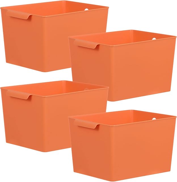 ASelected 4PCS Plastic Storage Boxes with Handle, 26x19x15CM Organiser Storage Box Plastic Storage Baskets for Shelves, Kitchen, Cupboard, Home and Office, Orange, Large