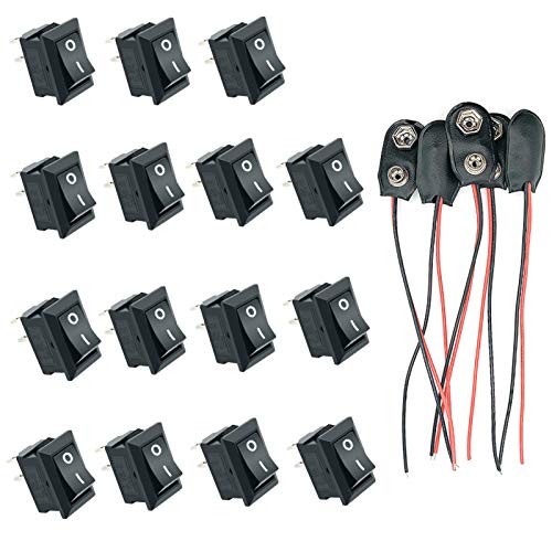 Black Friday - 50% OFF Sumkyle On Off Mini Rocker Switches AC 6A 250V 2Solder Lug,with 9V Battery Clip Connector Buckles Pack of 20