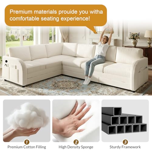 Image of KCGKCG 115.2 inch L Shaped Couch Bed, Sectional Couches for Living Room, Teddy Fabric Sleeper Sofa Bed with Pull Out Couch, Convertible Sectional Couch with Charging Station & Side Pocket, Beige
