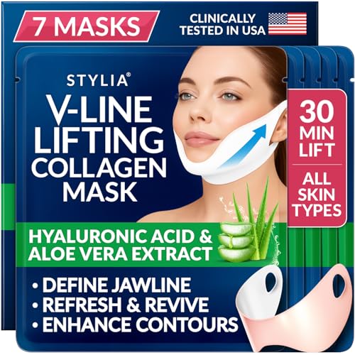 Stylia V Line Lifting Collagen Face Mask - Lift, Firm & Contour Jawline - Double Chin Strap with Hyaluronic Acid & Aloe Vera - Hydrating Neck & Face Tightening Mask - Chin Strap for Sleeping (7PC)