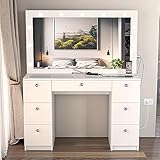 Boahaus Yara Large Bedroom Makeup Vanity Desk with Mirror and Lights, 7 Drawers, Glass Top, Basic Knobs - White Big Vanity Makeup Desk, Built-in Lights, 56'' H x 46.3'' W x 14.6'' D