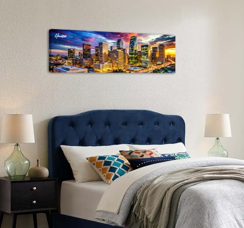 Image of DJSYLIFE Houston Skyline Canvas Wall Art Decor Panorama City Pictures Painting Texas Cityscape Photo Print Artwork for Office Bedroom Living Room Walls Decoration Ready to Hang 13.8 inchx45.3 inch