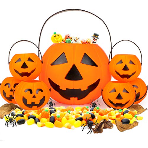 Qpout 7pcs Tragbare Halloween-Kürbiseimer, 1 Großer Süßes oder Saures-Kürbis-Bonbon-Eimer 6 kleine Plastik-Jack-O-Laternen-Eimer für Kinder Halloween Party Mitgebsel Dekoration Zubehör