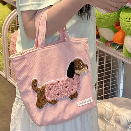 Corduroy Tote Bag with 3D Dog Patch Cute Mini Casual Tote with Animal Embroidery Y2k Corduroy Handbag Small Cute Purse 20252