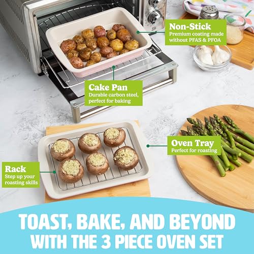 Image of Tasty Nonstick Toaster Oven Baking Set Includes Cake Pan, Oven Tray, Rack, Carbon Steel Bakeware, 3-Piece Set, Pink (Pack of 6)