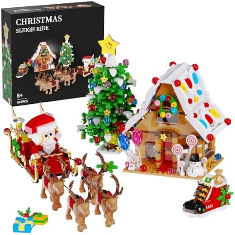 Christmas Santa's Sleigh Building Sets,Santa Claus Kit and Gingerbread House kit, Toys for Kids Ages 8+,Suitable for Christmas and Birthday Gifts.(867pcs)