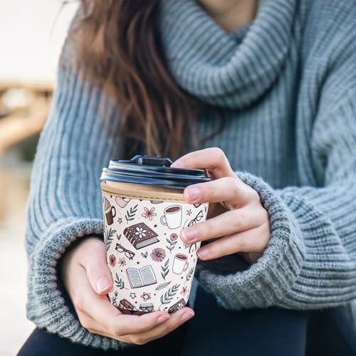 Image of Reusable Insulated Sleeve for Iced Coffee Cup, Coffee Neoprene Sleeve for Cold & Hot Drinks, Beverage Holder for Iced Coffee (Cafe Books, Small: 16-18oz)