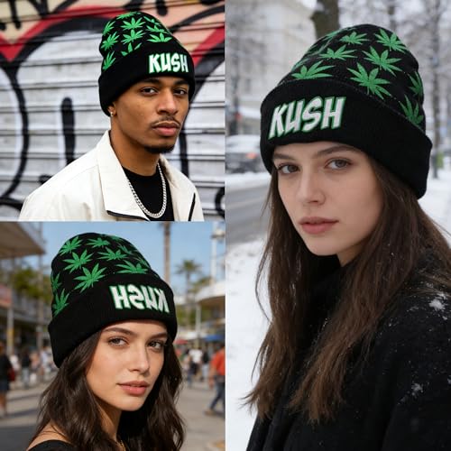 Marijuana/Weed/Leaf Cuff Beanie-Hat Skully - Knit Winter Hat Women Men Green - Image 2