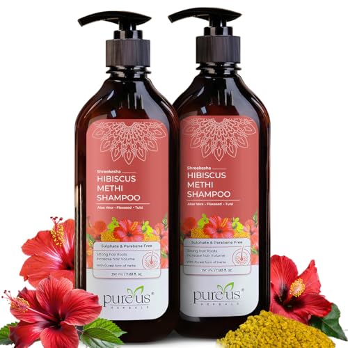 Image of Pureus Herbals Shreekesha Hibiscus Methi Herbal Shampoo Sulphate & Paraben Free for Hair Growth, Conditioning Strong Roots & Increased Volume - With Aloe Vera, Flaxseed & Tulsi - 700 ml (Pack of 2)