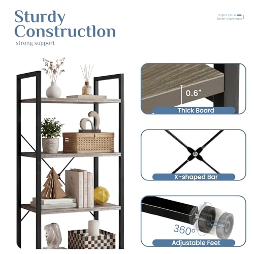 DUMOS 4 Tiers Open Bookshelf, Classic Freestanding Tall Display Shelf, Multifunctional Storage Organizer Rack for Living Room Home Office, Sturdy Bookcase for CDs/Books/Movies, Wood Grey by DUMOS - Image 5