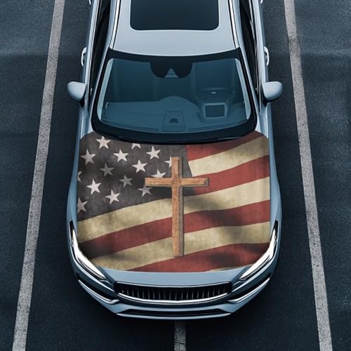 Image of Cross American Flag Pattern Car Hood Cover Weather-Resistant Automotive Hood Covers Washed Auto Hood Flag Universal Fit for SUV Pickup Trucks