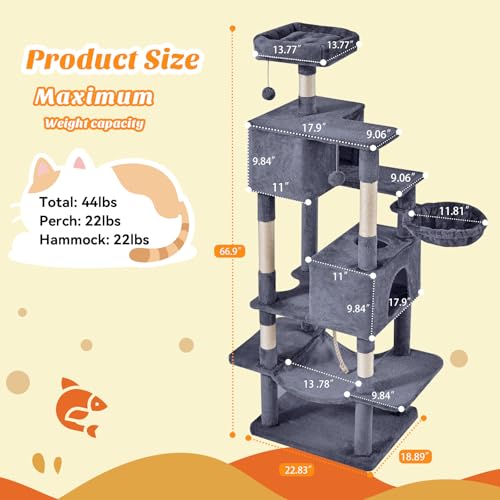 Image of Sweetcrispy 66 Inch Cat Tree Tower, Multi Level Cat Climbing Tower with Natural Sisal Scratching Posts, Hammock, Pet Condo for Indoor Cats and Kittens Play, Dark Grey