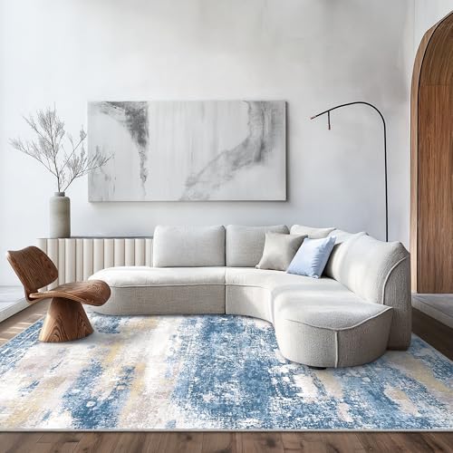 Area Rugs 10x12 for Living Room Bedroom, Modern Abstract Machine Washable Large Blue Cream Rug, Soft Low Pile Floor Carpet with Non Slip Backing for Dining Room