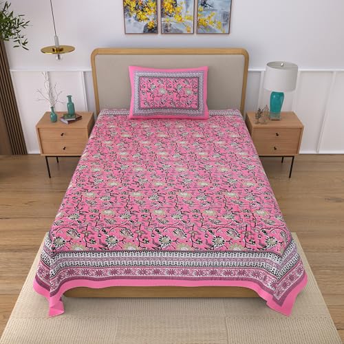 Image of 100% Cotton Single Bedsheet with 1 Pillow Cover | 240 TC Pure Cotton Flat Bed Sheet | Traditional Jaipuri Printed Bedding Set | Soft & Breathable | 60 x 90 Inch (Rangmahal Single 05)