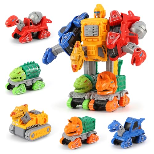 Dinosaur Toys for 3 4 5 6 Year Old Boys– 5-in-1 Detachable Construction Vehicles Set–Transform Robot Kids Toys Cars– Easy DIY Toys for Ages 5+ – Gifts for Boys Girls Birthday Christmas Easter