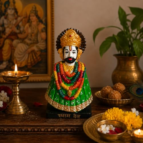Image of eCraftIndia Green Khatu Shyam Ji Idol for Home Decor | Decorative Khatu Shyam Statue with Garland Design | Spiritual Showpiece for Temple, Living Room & Gifting