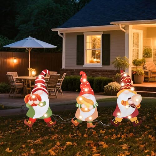 WONDER GARDEN 3 PCS Fall Yard Sign Metal Gnomes Decorative