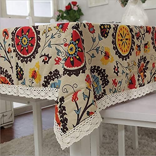Miniatura 8 de LeLehome Elome Mantel oblongo de 55 x 79 pulgadas con diseño de girasoles bohemios, mantel vintage de flores de algodón y lino con encaje para cena,