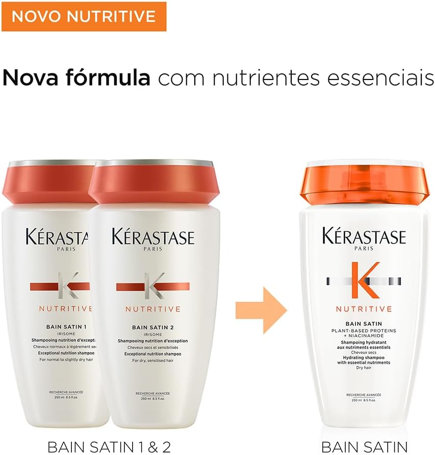 Kérastase Nutritive Bain Satin, Shampoo Hidratante para Cabelos Secos, Nutrição Intensa, Brilho, Maciez, Fortalecimento e Revitalização da Fibra Capilar, 250ml