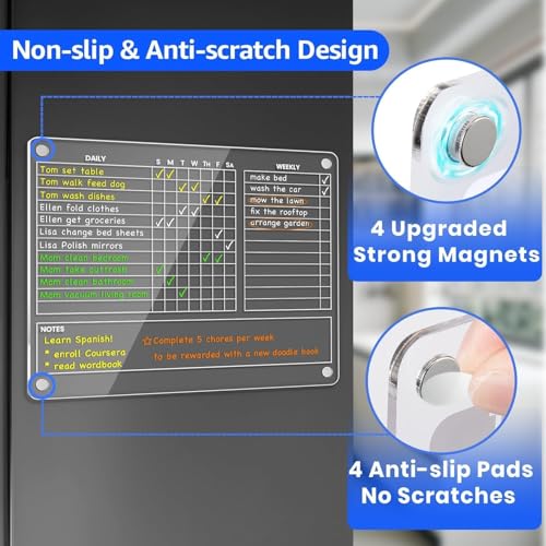Image of PigPotParty Acrylic Magnetic Chore Chart for Adults, 12x9.5 Inch Clear Dry Erase Chore Board for Fridge, Daily Weekly and Notes Sections, Pre-Installed Embedded Magnets, 8 Fine-tip Markers and Towel