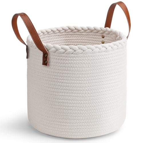 PANIER DE RANGEMENT COTON BLANC MOTIF TRESSE ET ANSES MARRON RIVETEES POUR DRESSING RANGEMENT DECORATION (Blanc, 26x30 cm)