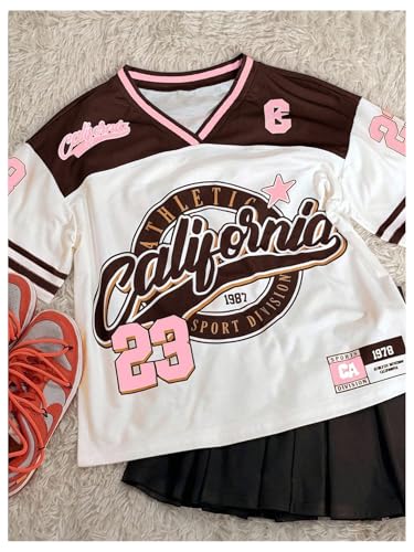 Image of BEAUDRM Girl's Jersey Shirts Leopard Number Print Jersey Shirt Cheetah V Neck Half Sleeve Oversized Tee Tops