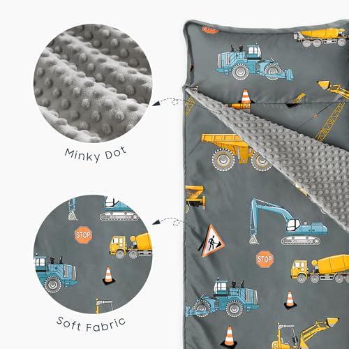 Image of Wake In Cloud - Toddler Nap Mat with Pillow and Minky Fleece Blanket, for Kids Boys Ages 3 Plus in Daycare Preschool Kindergarten, Roll Up Sleeping Bag, Construction Trucks
