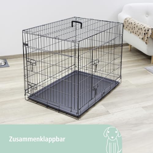Kerbl Pet Gittertransportbox, zweitürig, Hundebox, Transportkiste, schwarz, 76x54x64cm, Metall, Hunde, herausnehmbare Kunststoffwanne
