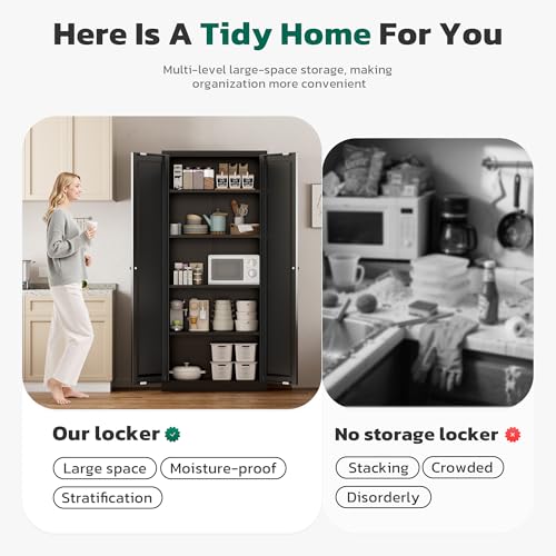 Image of Greenvelly Metal Storage Cabinet, 63 inch H Black Metal Storage Cabinet with Doors and 4 Shelves, Lockable Steel Cabinets for Living Room, Office, School (Black - Modern)