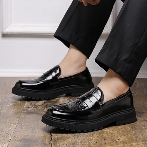 Men's Leather Printed Chunky Platform Penny Loafers Retro Round Toe Slip-On Lug Sole Work Business Casual Shoes3