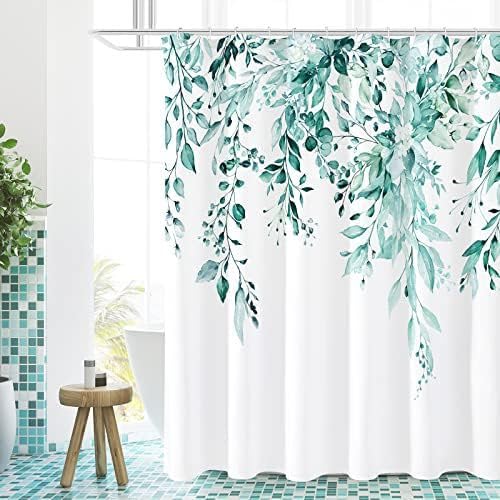 Hopomoon Cortina de ducha de estilo nórdico minimalista 180 x 180 cm, estampado de plantas, flores y hojas, poliéster, impermeable, con 12 ganchos