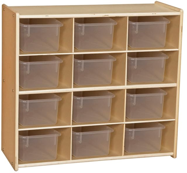 Contender 12 Compartment Storage Unit with Translucent Bins for Kids, Hardwood Cubby Organizer for Classroom, Cube Locker Shelf for Organizing Toys, Art Supplies