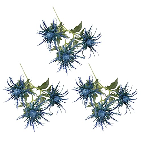 Marooma Lot de 3 fleurs artificielles en éryngium bleu avec tiges longues de 66,4 cm - Bouquet de chardons artificiels pour décoration de maison, cuisine, bureau Cover