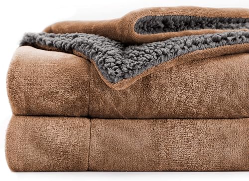 BSB HOME Polyester Micromink Summer Ac/Mild Winter/Heavy Winter Sherpa Blanket Super Soft Flannel Solid/Plain, Beige & Grey, Size 220 X 228 Cms (Double), 200 TC