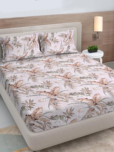 Image of 240 TC Cotton Feel Glace Cotton Elastic Fitted Printed King Size Double Bed Bedsheet with 2 Pillow Covers and Fits Upto 4-6 inches Mattress, Size- 72 inchx78 inch(Almond)