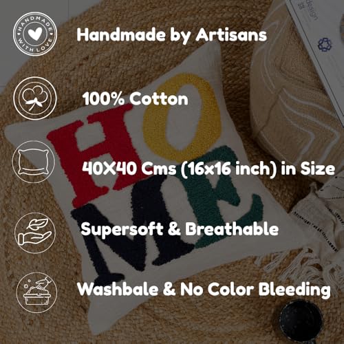 Image of HOMADORN 100% Cotton Hand Tufted Cushion Cover | Text Pattern Decorative Pillow Case | Boho Sofa Cushion Cover for Living Room | Soft & Durable | (16x16 Inches) (1, Home Multicolor)