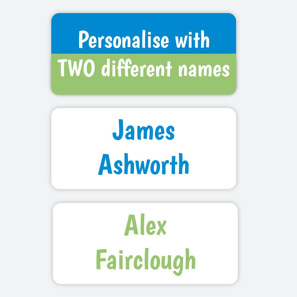 96 Personalised Name Labels for Clothes Kids – Stick-On Waterproof Tags with 2 Names – Shared Sheets Blue/Green for Siblings, School & Nursery (SFP)