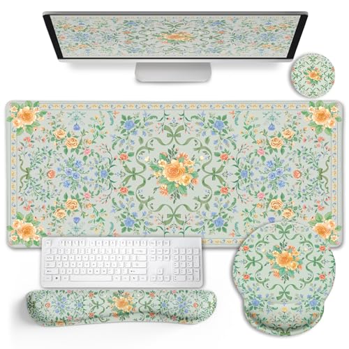 Floral-Desk-Mat-Set-Cute-Green-Mouse-Pad-with-Gel-Wrist-Rest Floral Desk Mat Set, Cute Green Mouse Pad with Gel Wrist Rest - Image 1