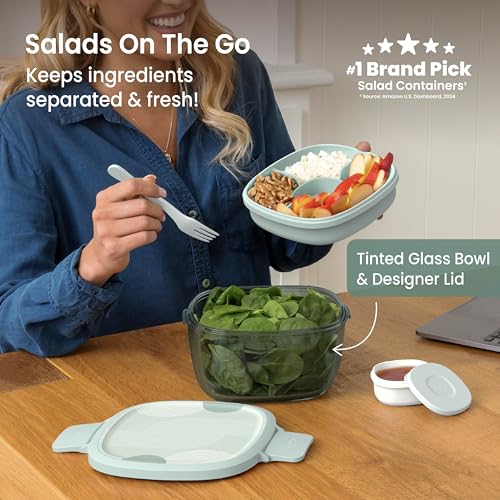 Image of Bentgo Glass Salad Container, 7.6-Cup, 4-Compartment Tray, Reusable Fork