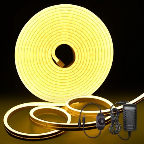 MMEEVT Neon LED Strip Light, 5M Dimmable Warm White Led Strip Light,12V IP67 Waterproof LED Strip Lights,Suitable for Bedroom Holiday Indoor and Outdoor Decoration (Power Adapter Included)