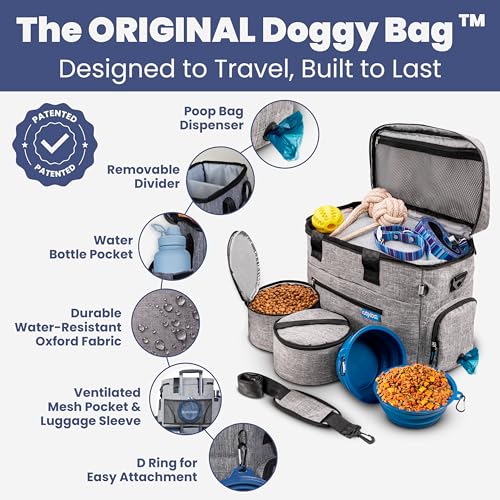 Image of The Original Doggy Bag - Complete Dog Travel Bag for Supplies with 2 BPA-Free Travel Dog Bowls & 2 Pet Food Containers - Traveling Kit for Road Trips, Camping, Weekend Away or Doggy Gift: Grey