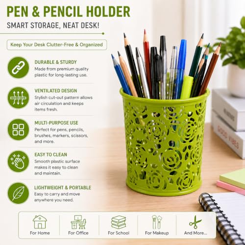 Image of Metal Mesh Pen Stand for Office & Home Desk | Black Stationery Holder Organizer for Pens, Pencils, Markers, Makeup Brushes | Durable Round Wire Mesh Pen Stand (Pack of 1) (Floral Green)