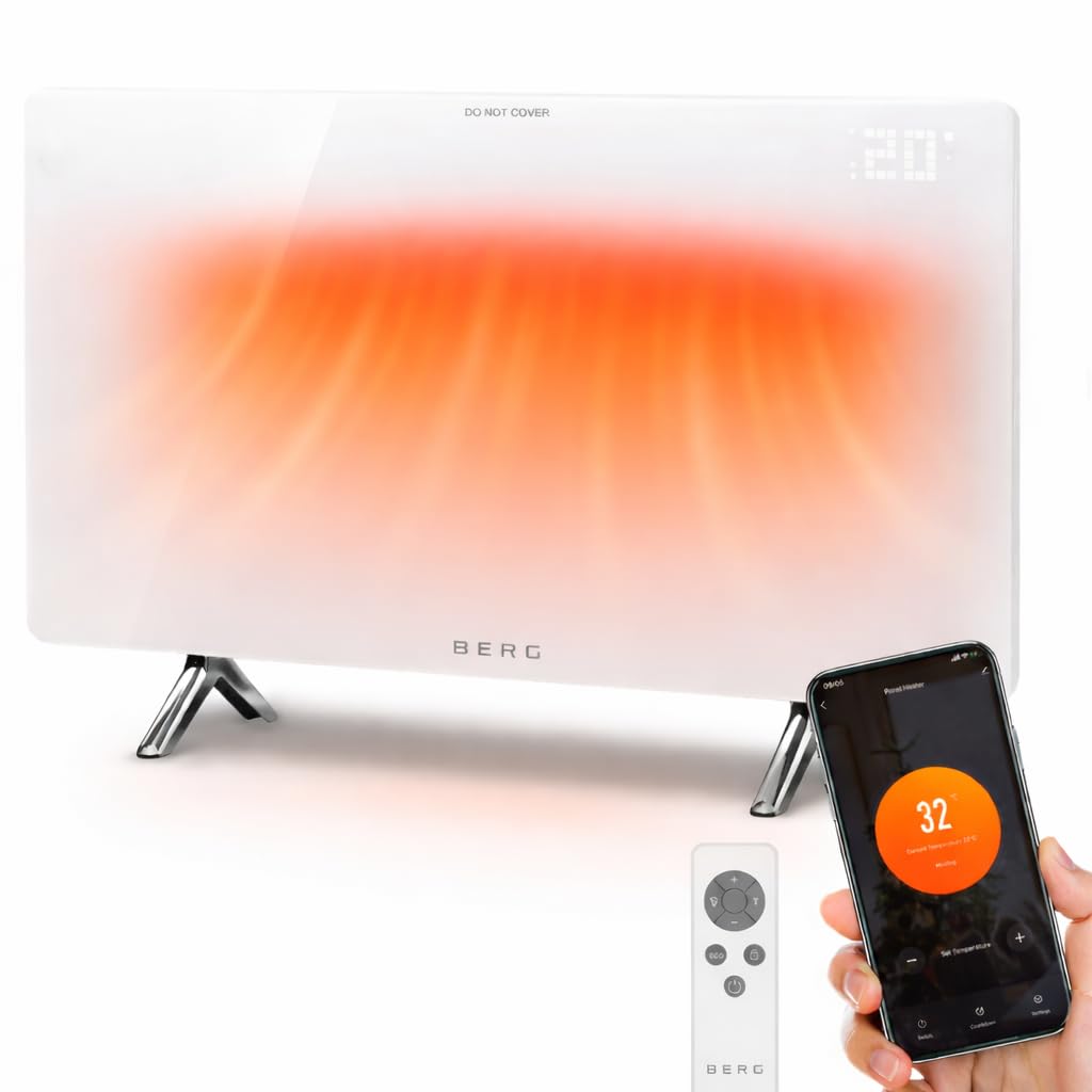 BERG Ultra-Slim Glass Infrared Panel Heater – Smart Electric Heater with Wi-Fi & Remote Control, 12mm Frameless Design, Wall Mounted or Free-Standing, Energy Efficient Room Heating (White, 480W)