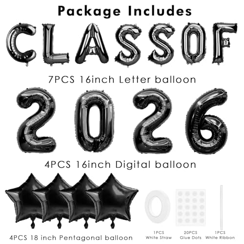 Image of Graduation Balloons, Class of 2026 Balloons, 16 Inch Black Grad Class of 2026 Letters Foil Balloon with Star Balloons, Class of 2026 Decorations for High School College Graduation Party Decorations