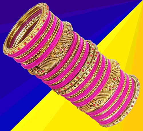 Image of NMII Metal with Zircon Gemstone and Beads Studded Ball Chain Linked Glossy Finished Velvet Bangles Chuda set for Women and Girls
